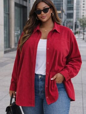 Sag Harbor Red Button Down Shirt Jacket 3X Oversized Shacket Office Layering Top